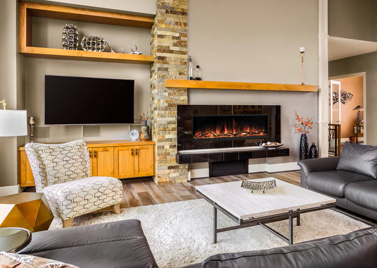Modern living room with a fireplace, TV, and furniture.