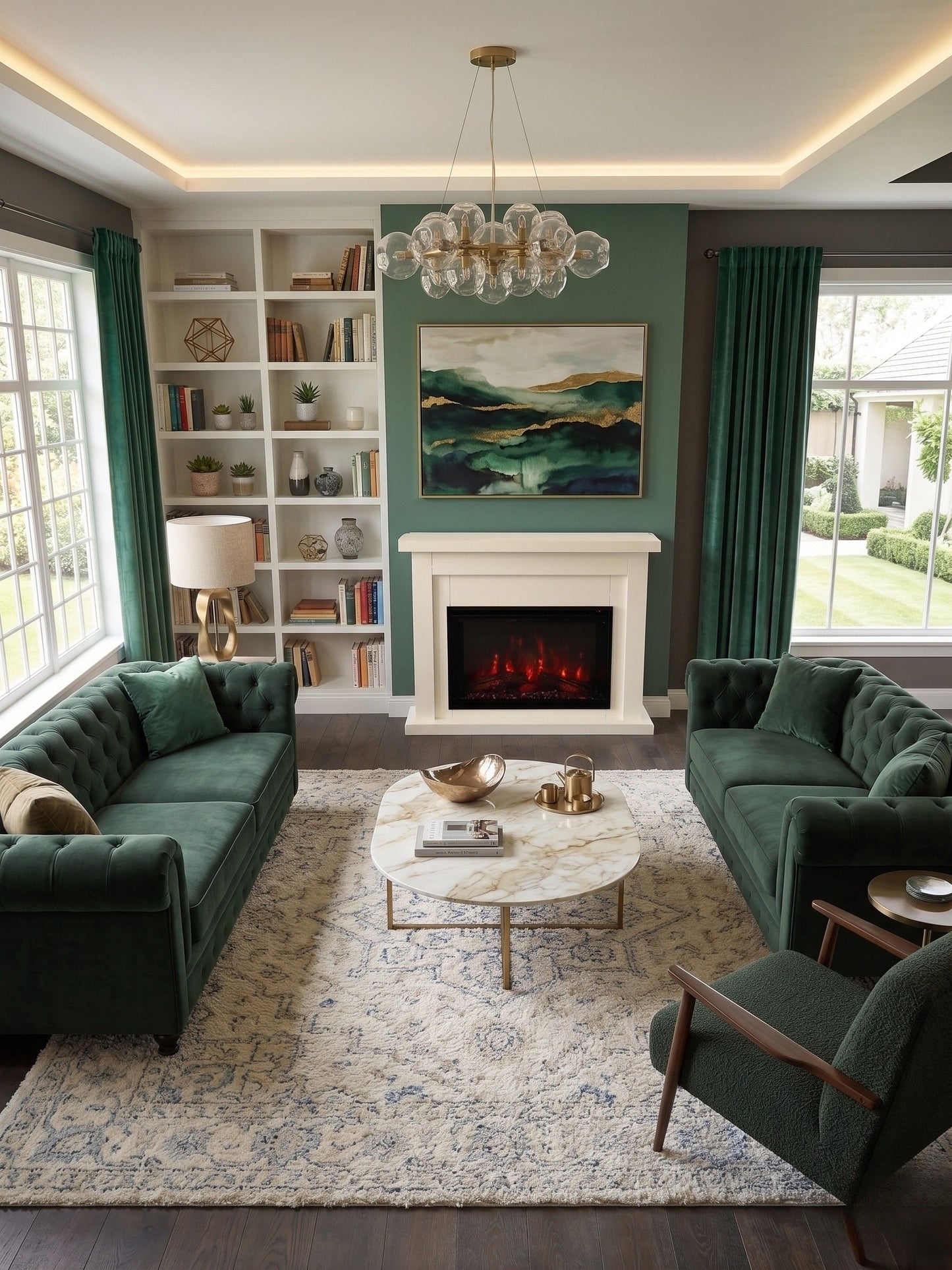 Living room with green sofas, a fireplace, and decorative elements.