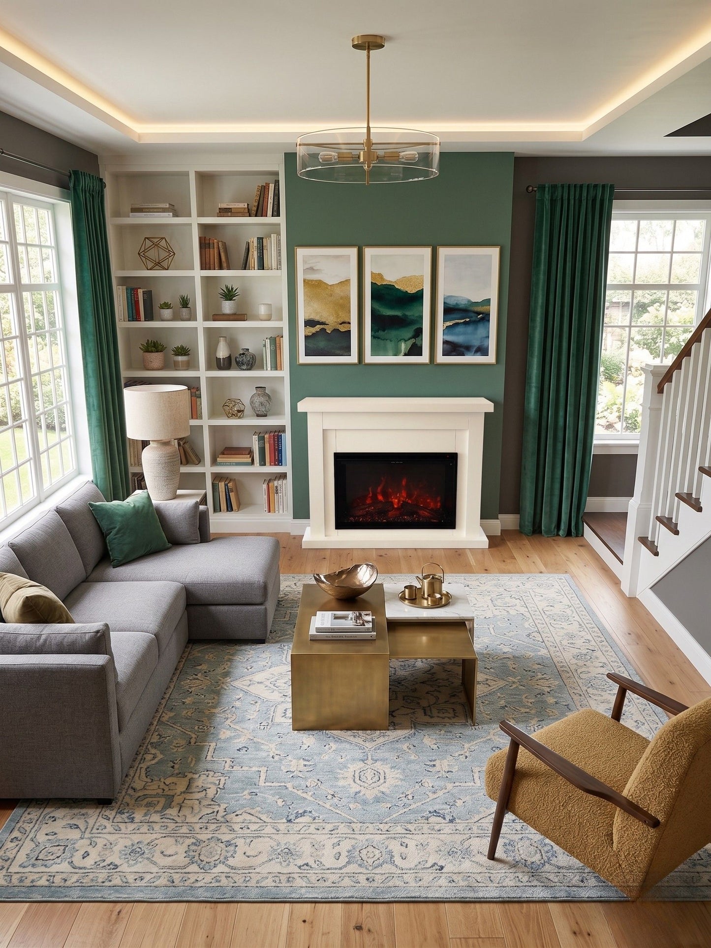 Living room with gray sectional sofa, coffee table, and fireplace.