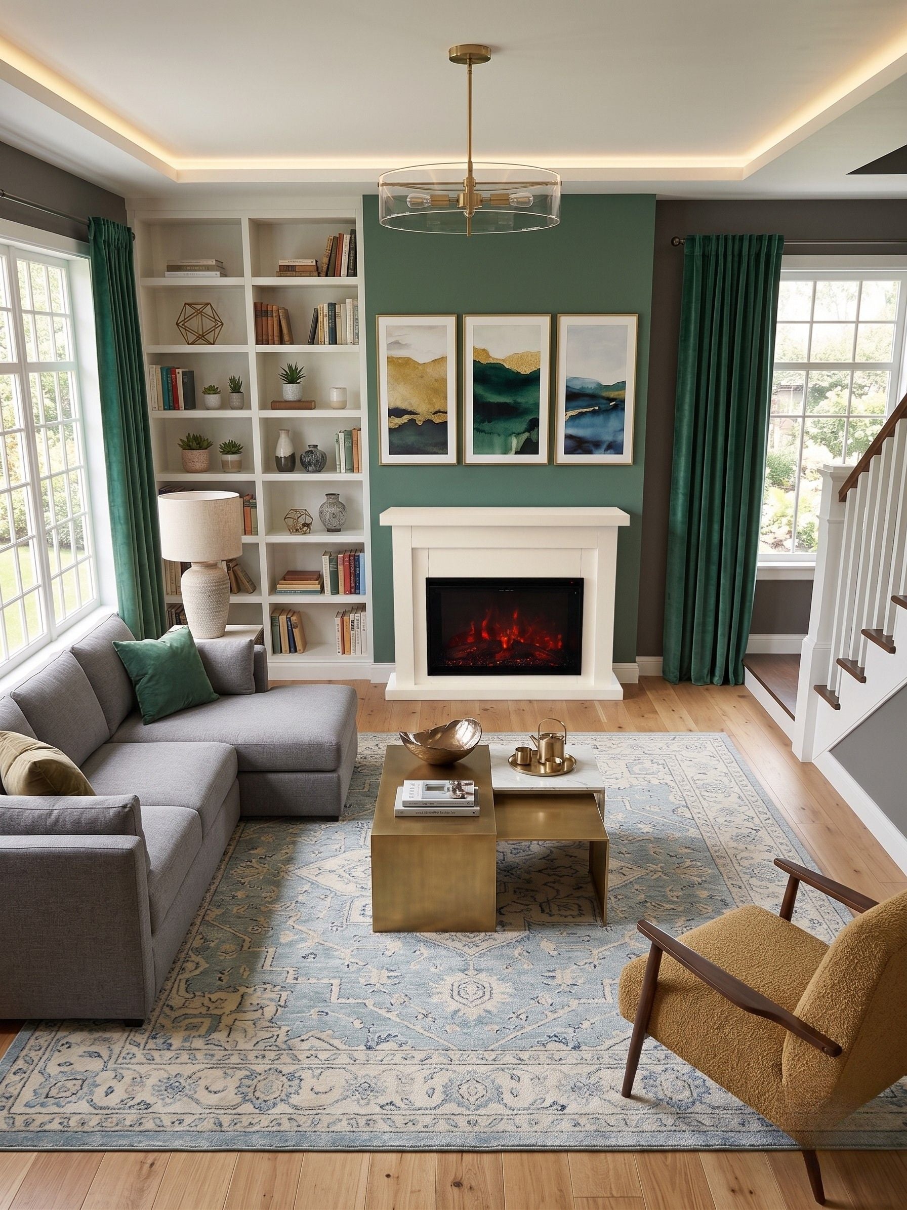 Living room with gray sectional sofa, coffee table, and fireplace.