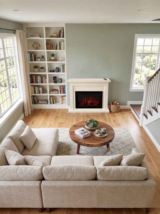 Living room with beige sofa, wooden coffee table, and fireplace.